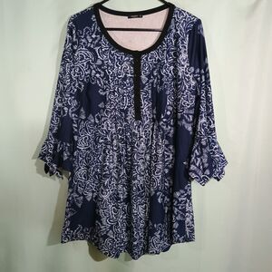 Women’s Navy & White Paisley Tunic Top – Ruffle Sleeve Boho Blouse
